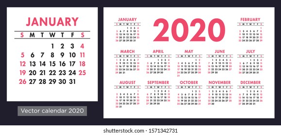 Calendar 2020 vector pocket basic grid. Simple design template. Color calender. New year