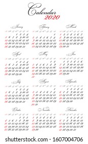 Calendar 2020 vector pocket basic grid. Simple design template. 2020 traditional calendar with colored characters. business template 2020 calendar with calligraphic font