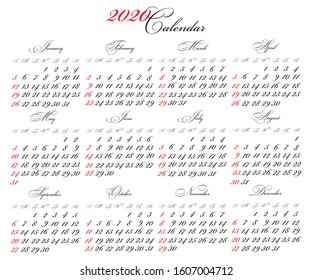 Calendar 2020 vector pocket basic grid. Simple design template. 2020 traditional calendar with colored characters. business template 2020 calenda with calligraphic font