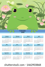Calendar 2020. Vector poster with a toad on a background of water lilies with a dragonfly. The week starts on Monday. 12 months on the page.
