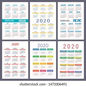 Calendar 2020. Vector template collection. New year. Colorful English pocket calender set. Week starts on Sunday