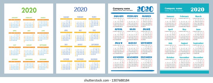 Calendar 2020. Vector template. Colorful English calender. Week starts on Sunday