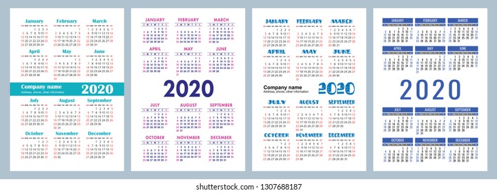 Calendar 2020. Vector template. Colorful English calender. Week starts on Sunday