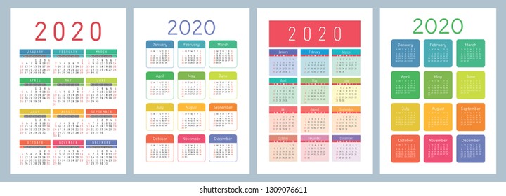 Calendar 2020. Vector template. Colorful English calender. Week starts on Sunday