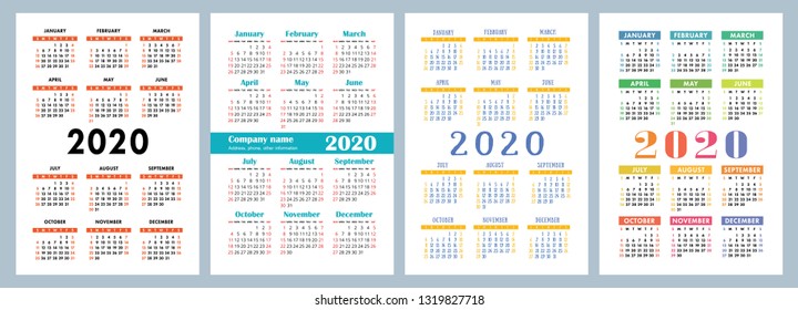 Calendar 2020. Vector template. Colorful English calender. Week starts on Sunday