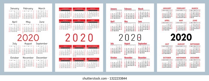 Calendar 2020. Vector template. Colorful English calender. Week starts on Sunday