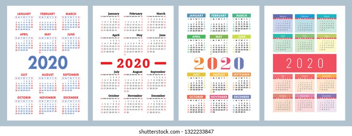 Calendar 2020. Vector template. Colorful English calender. Week starts on Sunday