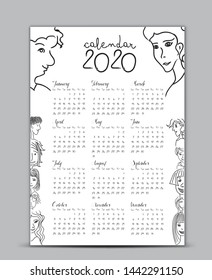 Calendar 2020 vector template, Lettering calendar, hand-drawn cartoon people vector illustration Can be used for poster, wall calendar 2020, desk calendar 2020, postcard, gift card, banner, printable