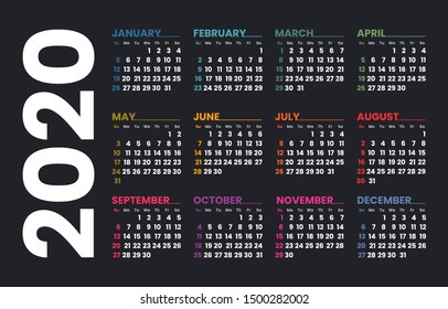 Calendar 2020 vector template. Week starts on Sunday. Colorful grid on a dark background.