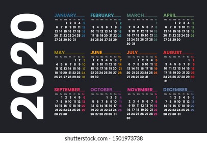 Calendar 2020 vector template. Week starts on Monday. Colorful grid on a dark background.