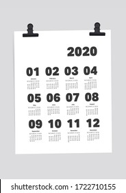 Calendar 2020. Vector Week Planner Design on White Background Template Ready to Print A4.