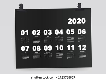 Calendar 2020 Vector Week Planner White Template on Black Background. Ready to Print Rectangular A4.
