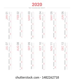 Estilo vertical Calendario 2020. Diseño de vectores sobre fondo blanco.