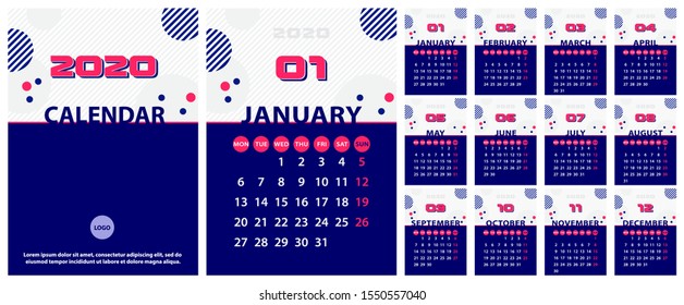 Calendar 2020 vertical template week starts from Monday