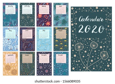 Calendar 2020 with vintage blossom. Monthly calendar with floral patterns in scandinavian style. Hand drawn Vector illustration.