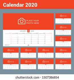 Calendar 2020. Wall calendar planner with place for photo. Vector design print template. Week starts on Sunday. Landscape orientation, Set of 12 months