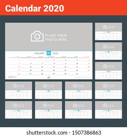 Calendar 2020. Wall calendar planner with place for photo. Vector design print template. Week starts on Sunday. Landscape orientation, Set of 12 months - Shutterstock ID 1507386863