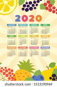 Calendar 2020. Wall poster. Organic healthy food. Color fruits and berries sketch menu. Fresh rowan, apple, lemon, pineapple, red currants, blueberry and chokeberry. Colorful  vector design template