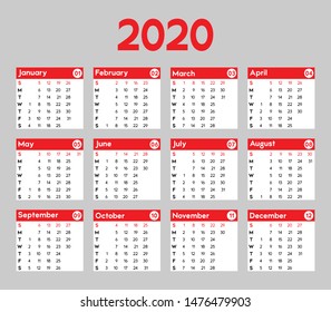 calendar 2020, the week begins on Sunday, the main business template in red and white on a gray background, vector illustration