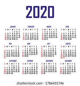 Calendar 2020. The week begins on Sunday. Simple calendar template. Portrait of vertical orientation. Annual organizer of stationery. Vector illustration