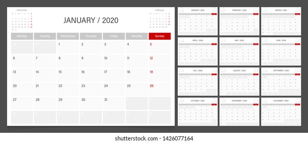 Calendar 2020. Week start Monday corporate design planner template.