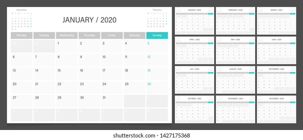 Calendar 2020. Week start Monday corporate design planner template.