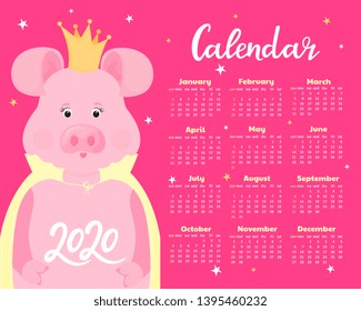 Calendar for 2020. Week start on Sunday. Cute cartoon pig princess in a crown and cloak.