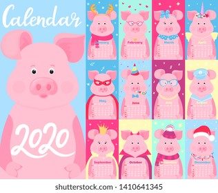 Calendar for 2020. Week start on Sunday. Funny pigs in different costumes