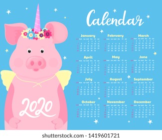 Calendar for 2020. Week start on Sunday. Cute pig in a costume of a fairytale unicorn with a horn and a flower wreath and wings. Funny animal.