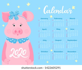 Calendar for 2020. Week start on Sunday. Cute pig in a hoop with a bow and a collar. Funny animal.
