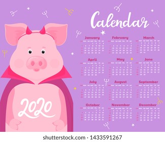 Calendar for 2020. Week start on Sunday. Cute pig in a cloak and horns imp.