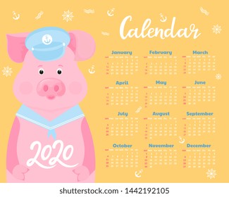 Calendar for 2020. Week start on Sunday. Cute pig in a sailor suit visor and collar. Funny animal.