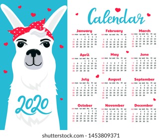 Calendar for 2020. Week start on Sunday. Cute llama in head scarf in pin-up style. Funny animal.