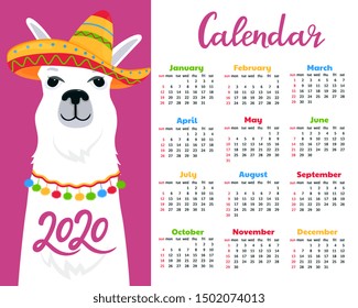 Calendar for 2020. Week start on Sunday. Cute llama in a sombrero