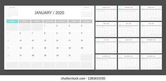 Календарь 2020. Шаблон планировщика корпоративного дизайна для начала недели в воскресенье.