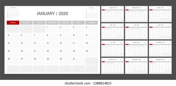 Calendar 2020. Week start Sunday corporate design planner template.