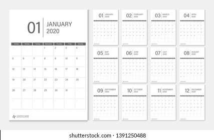 Calendar 2020. Week start Sunday corporate design planner template.