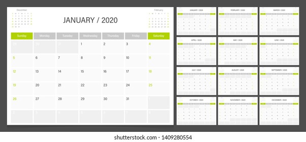 Calendar 2020. Week start Sunday corporate design planner template.