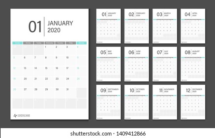 Calendar 2020. Week start Sunday corporate design planner template.