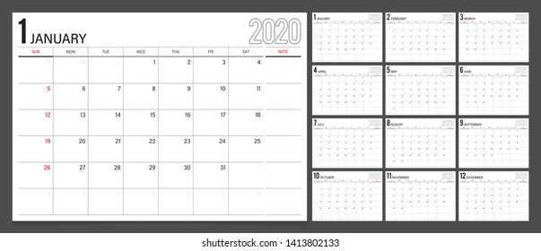 Calendar 2020. Week start Sunday corporate design planner template.