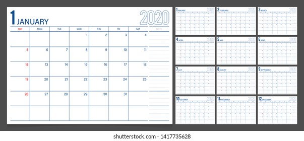 Calendar 2020. Week start Sunday corporate design planner template.