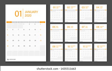 Calendar 2020. Week start Sunday corporate design planner template.