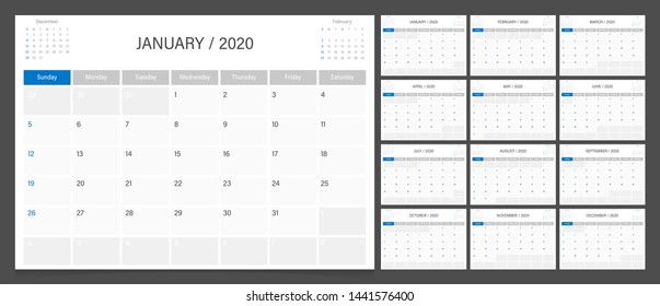 Calendar 2020. Week Start Sunday Corporate Design Planner Template.