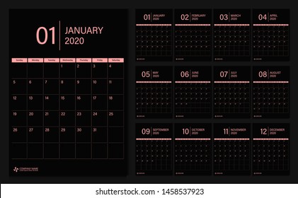 Calendar 2020. Week start Sunday corporate design planner template.