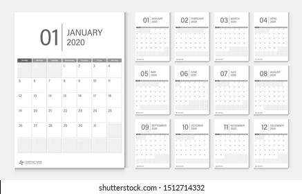 Calendar 2020. Week start Sunday corporate design planner template.