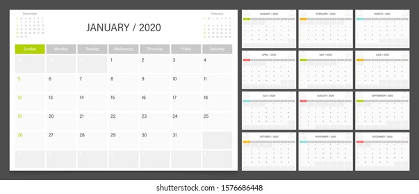 Calendar 2020. Week start Sunday corporate design planner.