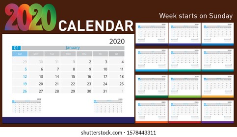 Calendar 2020. Week start Sunday corporate design planner template.