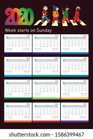 Calendar 2020. Week start Sunday corporate design planner template. Christmas mice cross the road. Vector drawing of a music band. For design cards and invitations.