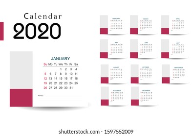 Calendar 2020. Week start Sunday corporate design planner template.