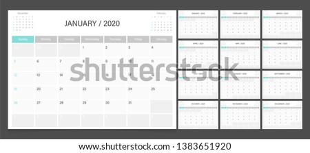 Calendar 2020. Week start Sunday corporate design planner template.